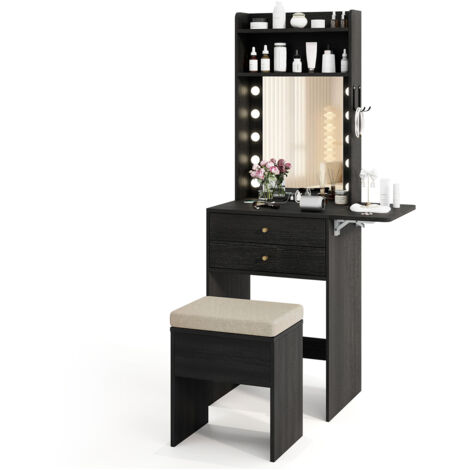 COSTWAY Small Makeup Vanity Desk Dressing Table Set With Mirror & Lights-White (1/5)