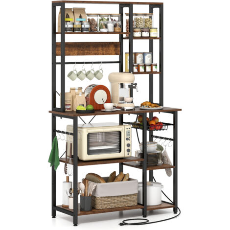 COSTWAY 9-Tier Microwave Stand Bakers Rack with Power Outlet-Brown (1/5)