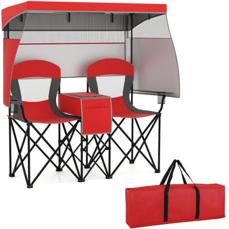 COSTWAY Double Folding Camping Chair Outdoor Portable Loveseat w/Canopy-Red