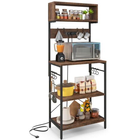 COSTWAY Kitchen Bakers Rack 153 cm Tall Microwave Stand w/Power Outlet-Brown (1/5)