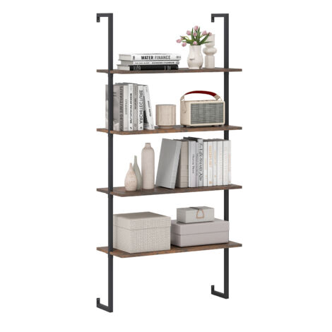 COSTWAY Floating Storage Shelves 4-Tier Wall-Mounted Ladder Bookcase Brown (1/5)