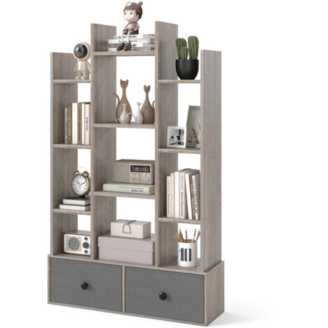 COSTWAY Open-Back Bookshelf Wood Bookcase w/ 12 Compartments-Grey (1/5)
