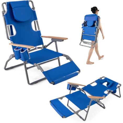 COSTWAY 3-IN-1 Foldable Beach Chair Lay-Flat Tanning Chair w/ Face Hole-Navy (1/5)