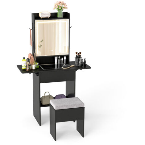 COSTWAY Vanity Desk with Lighted Mirror 3 Color Modes Foldable Panels Power Outlets Black (1/5)
