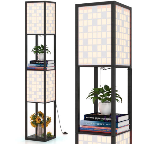 COSTWAY 2-Light Floor Lamp Wooden Shelf Lamp with Shelves-Black