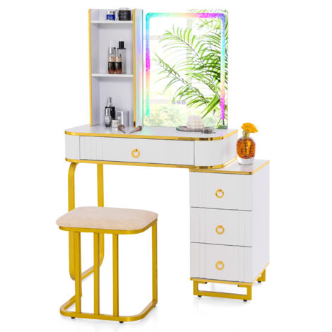 COSTWAY RGB Vanity Table Set Bedroom Dressing Table w/ Mirror & Lights-White (1/5)