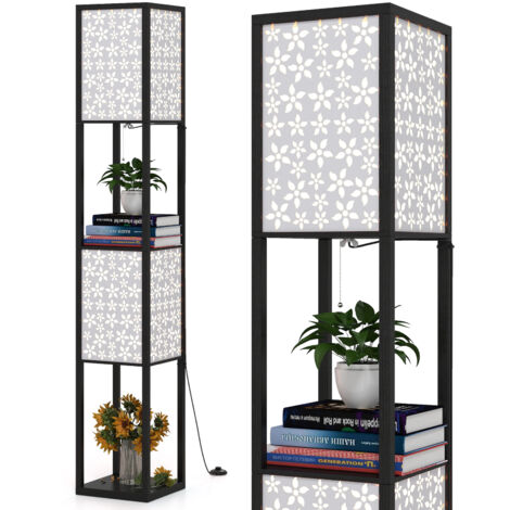COSTWAY 2-Light Floor Lamp Freestanding Display Light with Shelves-Black (1/5)