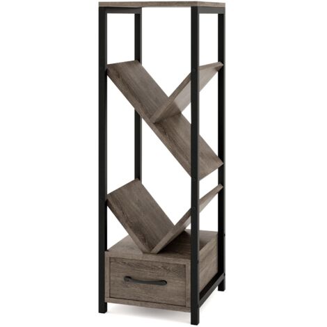 COSTWAY Tree Bookshelf 4 Tier Floor Standing Storage Organizer w/Drawer-Gray