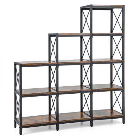 COSTWAY 5-Tier Bookshelf 9 Cubes Bookcase with Carbon Steel Frame-Brown (1/5)