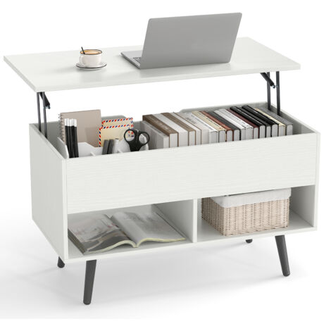 COSTWAY Lift Top Coffee Table Mid Century Modern Accent Table w/Shelves-White