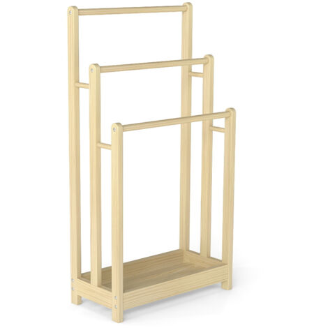 COSTWAY Freestanding Wood Towel Rack 3-tier Towel Drying Stand w/ Shelf-Natural (1/5)