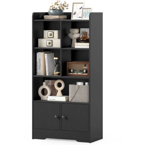 COSTWAY Bookshelf Freestanding Bookcase with Doors & 2 Storage Cabinets-Black (1/5)
