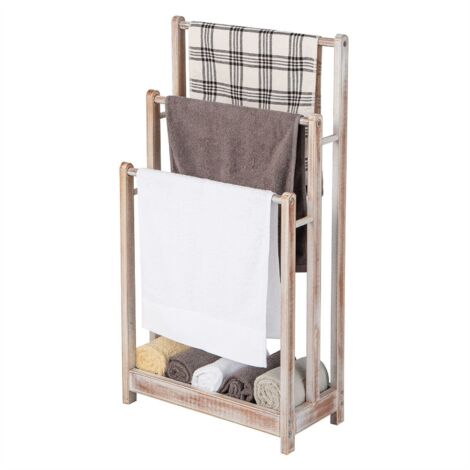 COSTWAY 3-Tier Wooden Towel Rack Freestanding 3 Bars Towel Drying Holder Storage Shelf (1/5)