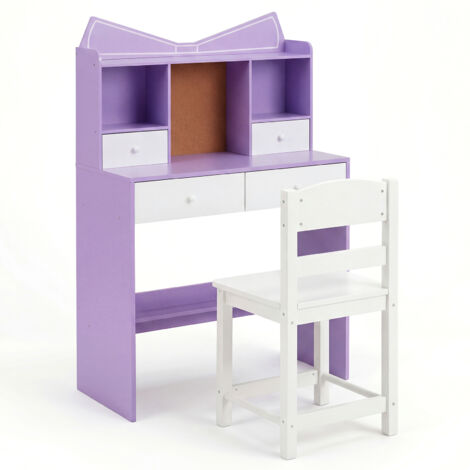 COSTWAY Children Computer Workstation Desk Chair Set Natural Wood Purple (1/5)