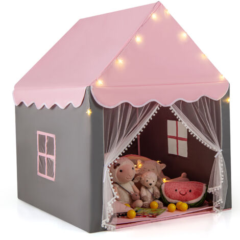 COSTWAY Kids Playhouse Tent w/ Washable Mat & Star Lights-Pink (1/5)