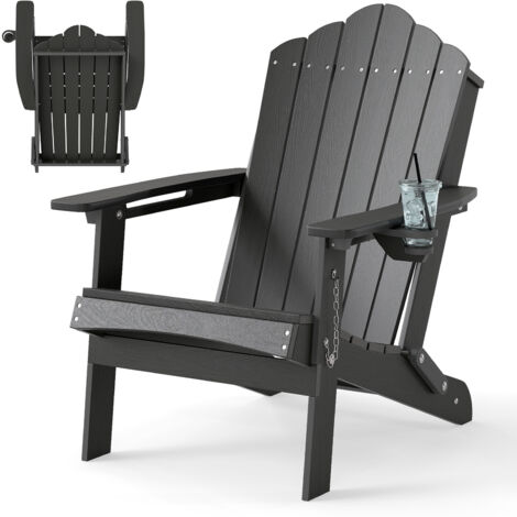 COSTWAY Folding Adirondack Chair HDPE Beach Lounge with Drink Holder Grey