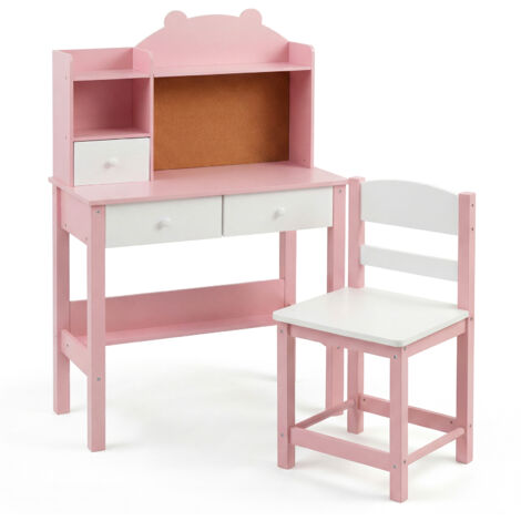 COSTWAY Kids Study Desk and Chair Set with Hutch Drawers and Bulletin Board Pink (1/5)