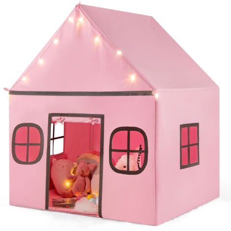 COSTWAY Kids Play Tent Large Playhouse w/ Door Curtain & Windows-Pink + Grey (1/5)