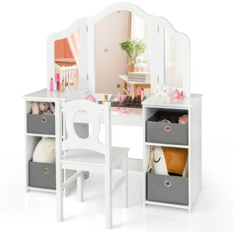 COSTWAY Kids Vanity Desk & Chair 2 in 1 Makeup Pretend Play Table-White + Gray (1/5)