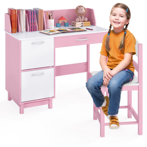 COSTWAY Kids Study Desk and Chair Set Wooden School Learning Table-Pink (1/5)