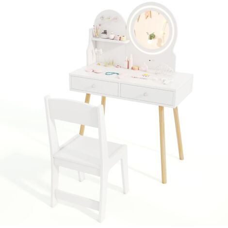 COSTWAY Princess Makeup Dressing Desk and Chair Set Kids Vanity Set-White (1/5)
