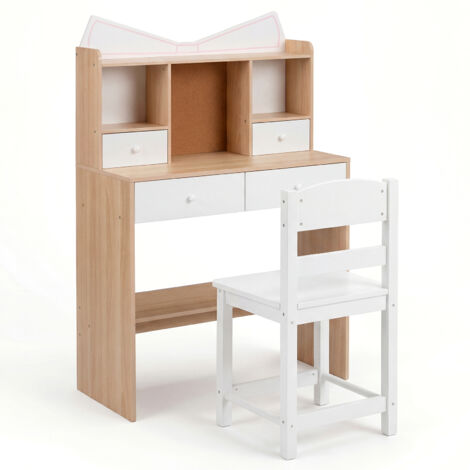 COSTWAY Kids Study Desk and Chair Set with Open Shelves Natural (1/5)