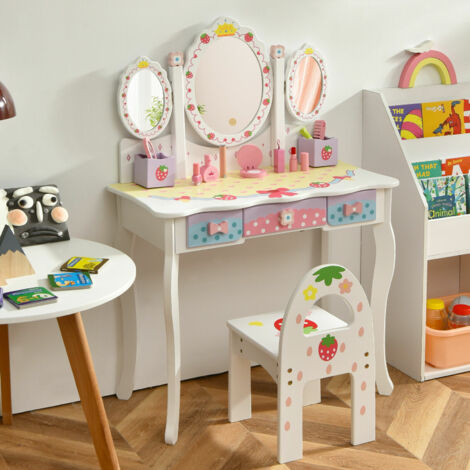 COSTWAY Kids Vanity Makeup Dressing Table & Chair Set W/Tri-fold Mirror &Drawers (1/5)
