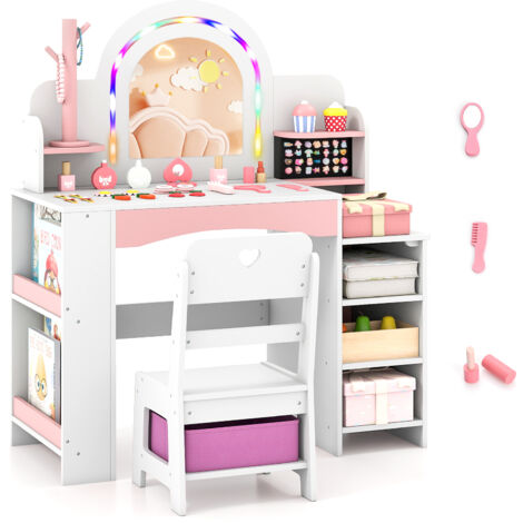 COSTWAY Kids Vanity Set with LED Lights 86x39x104cm MDF Dressing Table and Chair White