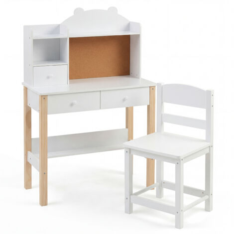 COSTWAY Kids Study Desk and Chair Set with Hutch Drawers and Bulletin Board White (1/5)