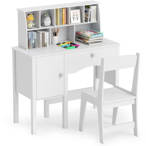 COSTWAY Kids Study Desk and Chair Set Children Wooden Craft Table & Chair-White (1/5)