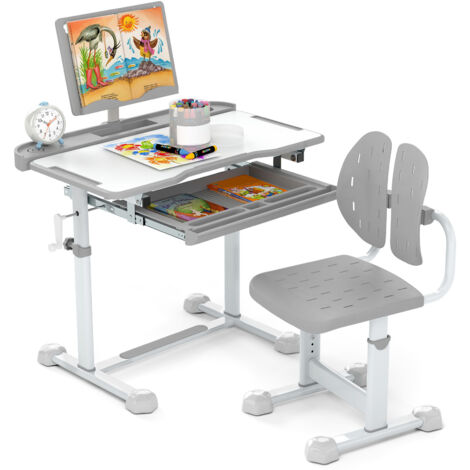 COSTWAY Kid¡¯s Study Desk & Chair Set Height-Adjustable Children Study Desk-Grey (1/5)