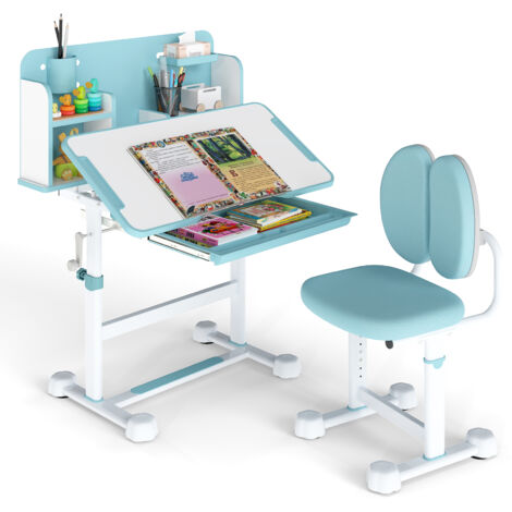 COSTWAY Kid¡¯s Study Desk & Chair Set Height-Adjustable Children Study Desk-Blue (1/5)