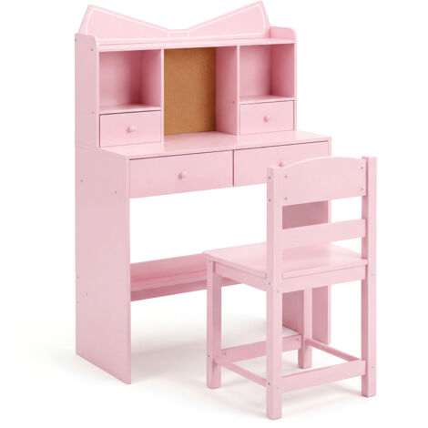 COSTWAY Children Computer Workstation Desk Chair Set Natural Wood Pink (1/5)