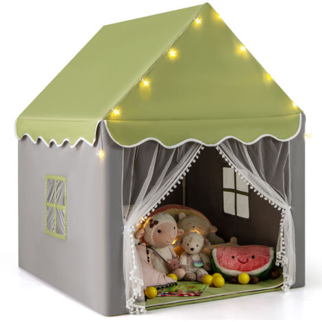 COSTWAY Kids Playhouse Tent w/ Washable Mat & Star Lights-Green (1/5)
