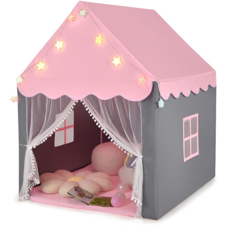 COSTWAY Kids Playhouse Tent w/ Washable Mat & Star Lights-Pink (1/5)