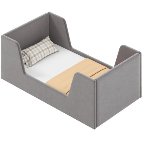 COSTWAY Kids Bed Frame Gray Soft Velvet Floor Bed 151x78.5cm with Safety Rails