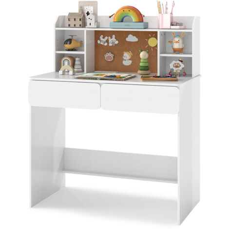 COSTWAY Kids Study Desk with Charging Station Cork Board and Adjustable Shelves White (1/5)
