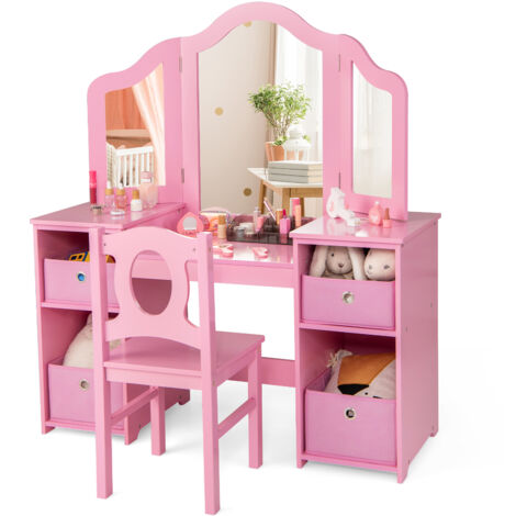 COSTWAY Kids Vanity Desk & Chair 2 in 1 Toddler Makeup Pretend Play Table-Pink