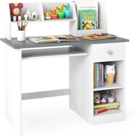 COSTWAY Kids Study Desk Wooden Writing Table with Keyboard Tray & Drawer-Grey