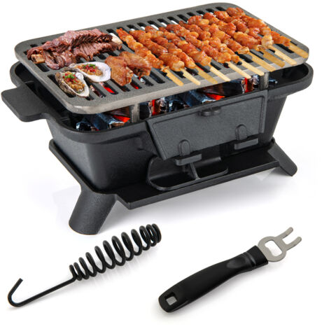 COSTWAY 100% Cast Iron Hibachi Grill Portable Charcoal Grill-Black