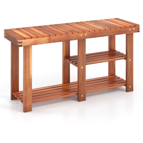 COSTWAY Acacia Wood Shoe Rack Bench 3-Tier Shoe Organizer 87x28x45cm-Teak Color (1/5)