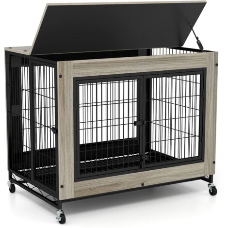 COSTWAY Dog Crate Furniture Industrial Dog Kennel w/ Flip-up Top-Grey