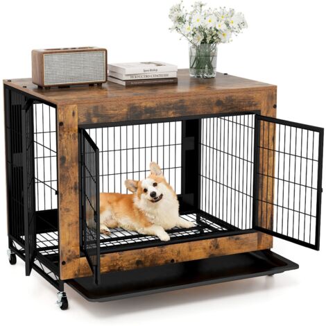COSTWAY Dog Crate Furniture Industrial Dog Kennel w/ Flip-up Top-Brown (1/5)