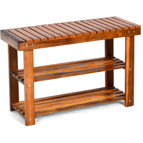 COSTWAY Acacia Wood Shoe Rack Bench 3-Tier Shoe Organizer 70x28x45cm-Teak Color (1/5)