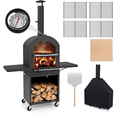 COSTWAY Outdoor Pizza Oven Wood Fired Pizza Oven with Protective Cover-Black
