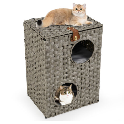 COSTWAY Rattan Cat House for Indoor 2-Tier Cat Condo w/ Cushions-Grey