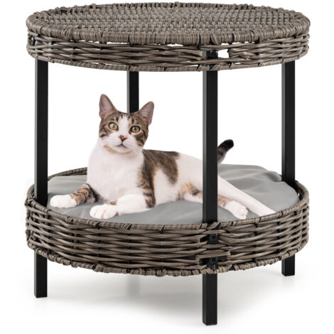 COSTWAY 2-tier Rattan Cat Nest Wicker Kitten House Raised Kitty Bed-Grey