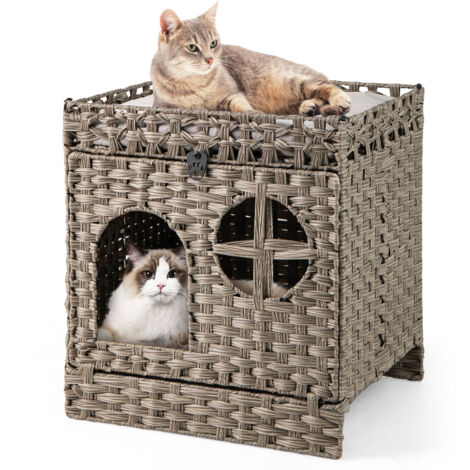 COSTWAY Foldable 2-tier Rattan Cat Litter Box Enclosure w/ Litter Mat-Gray