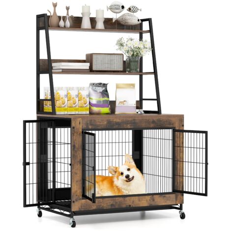 COSTWAY Dog Crate Furniture Industrial Dog Kennel with Storage Shelves-Brown
