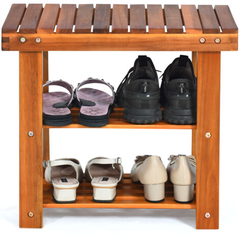 COSTWAY Acacia Wood Shoe Rack Bench 3-Tier Shoe Organizer 50x28x45cm-Teak Color (1/5)